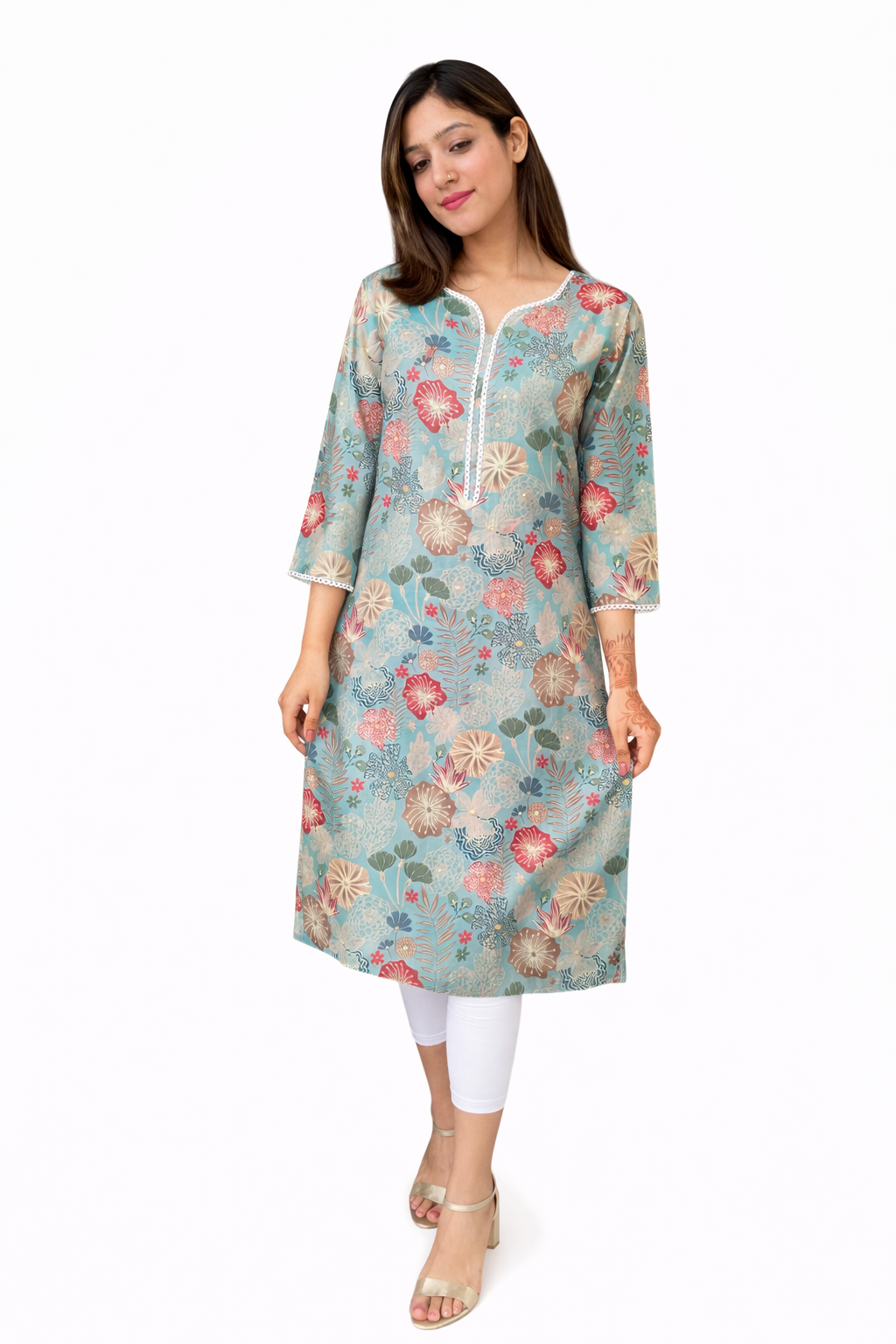 Chanderi Silk floral Kurta_Light Ocean - Image 2