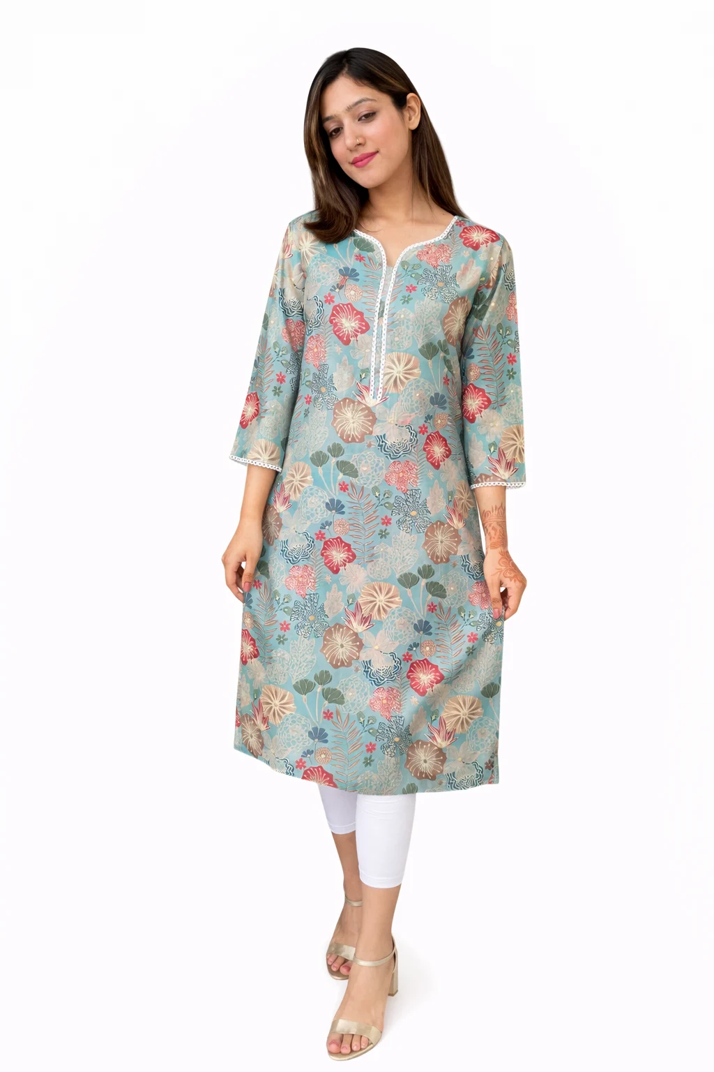 Chanderi Silk floral Kurta_Light Ocean - Image 2