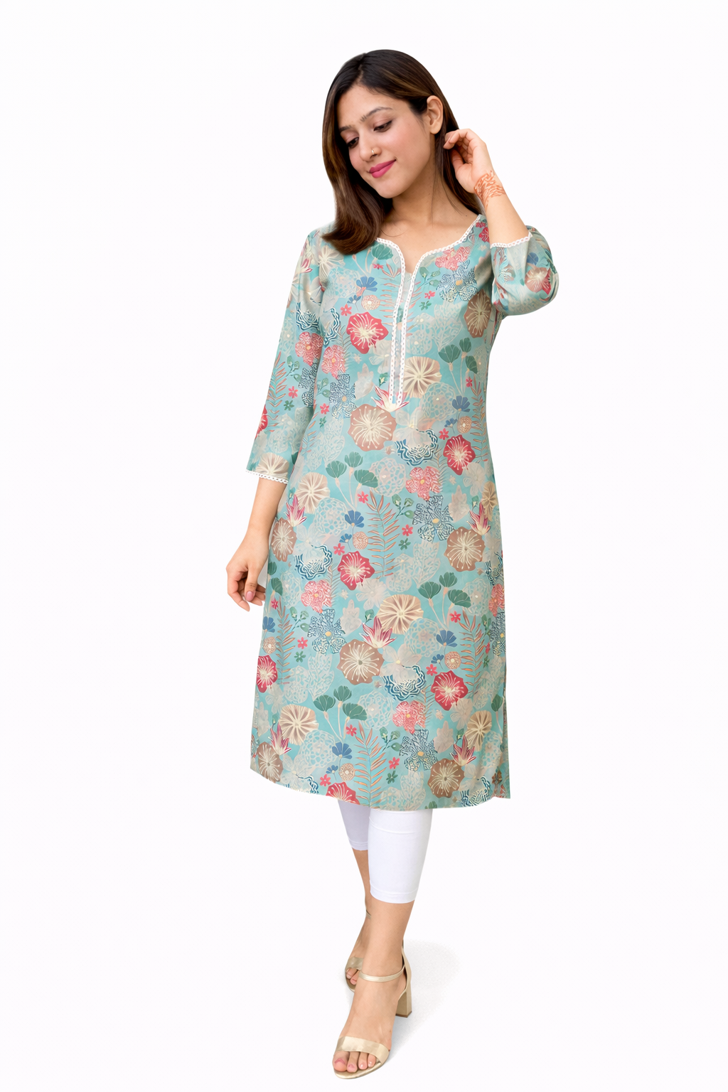 Chanderi Silk floral Kurta_Light Ocean - Image 3