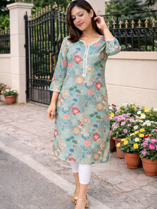 Chanderi Silk floral Kurta_Light Ocean