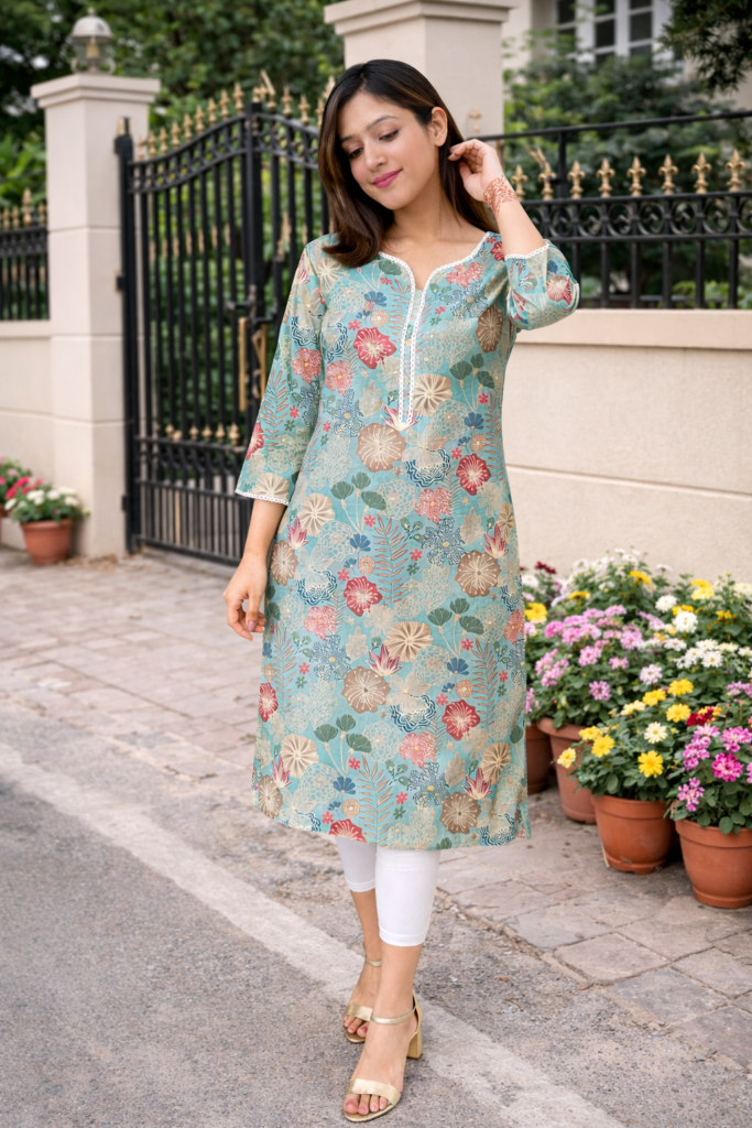 Chanderi Silk floral Kurta_Light Ocean