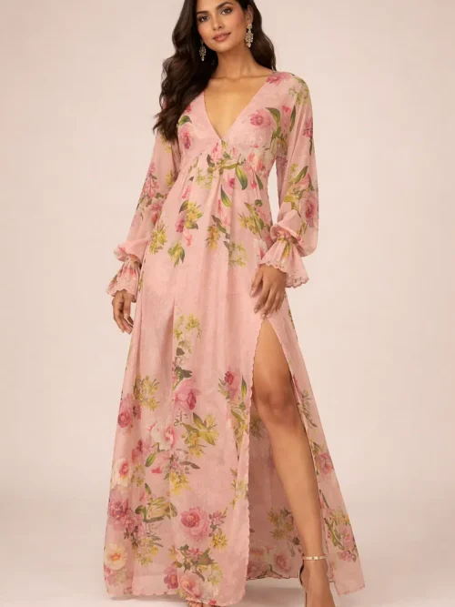 Floral V-Neck Maxi Dress with High Slit