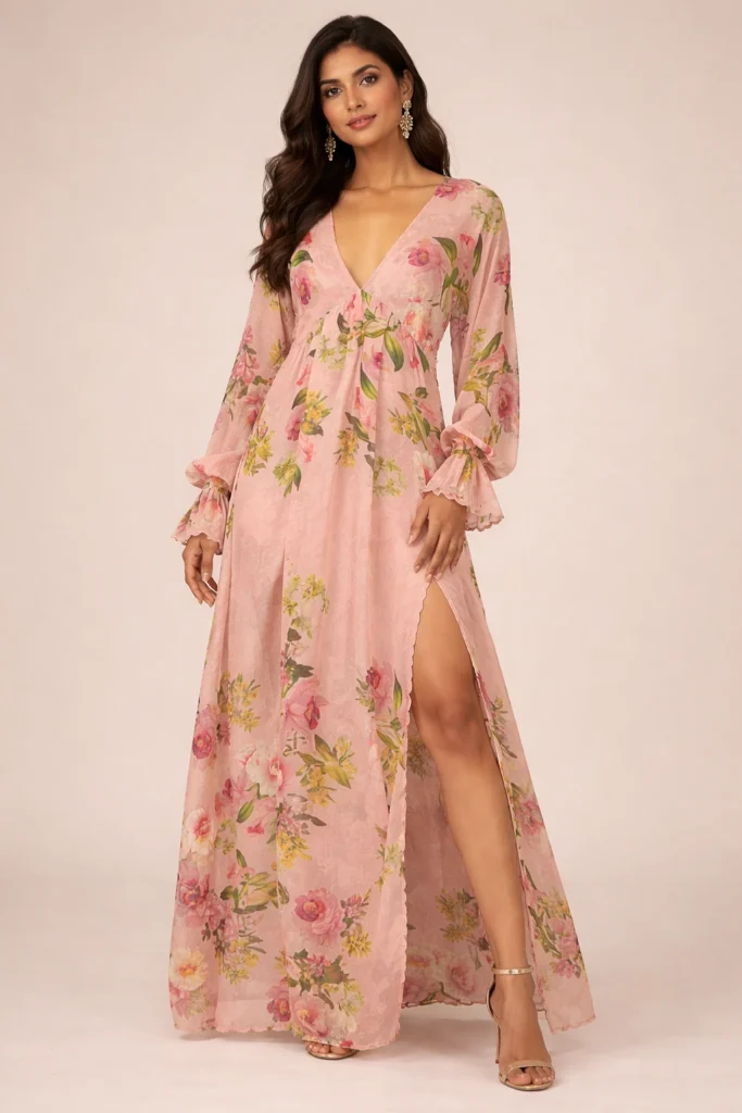 Floral V-Neck Maxi Dress with High Slit