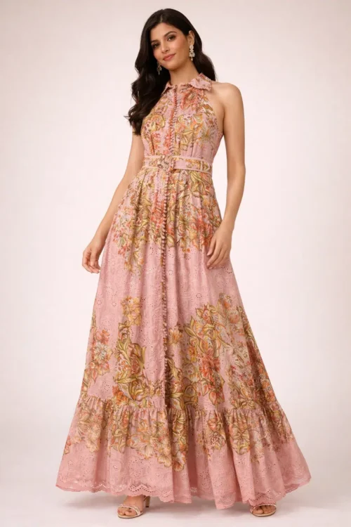Printed Cotton Schiffli Tiered Maxi Dress