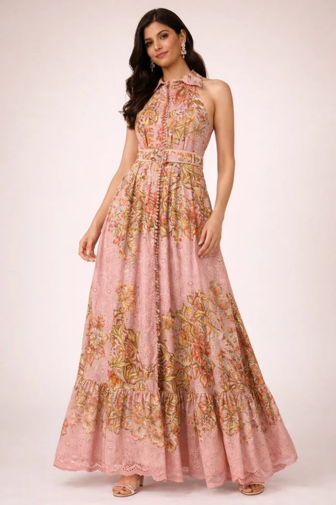 Printed Cotton Schiffli Tiered Maxi Dress