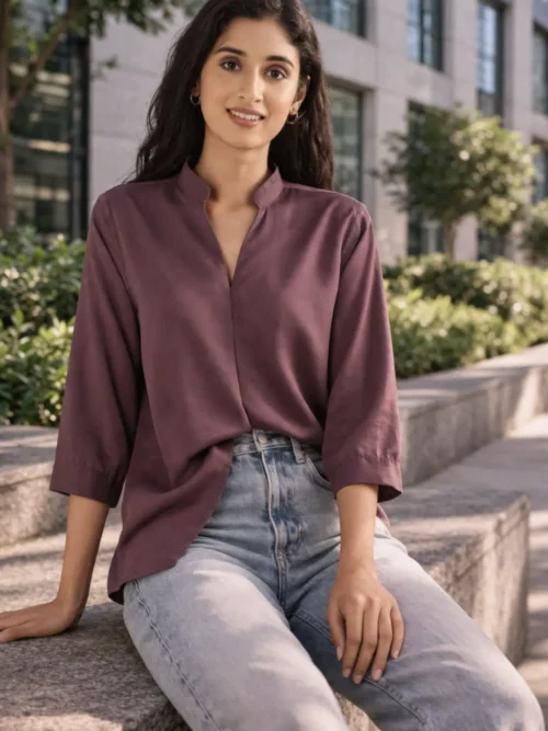 Top for Women, Viscose Pleated Tops, V-Neck with a Collar