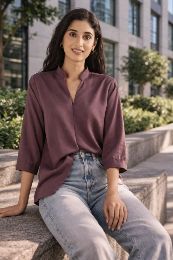 Top for Women, Viscose Pleated Tops, V-Neck with a Collar