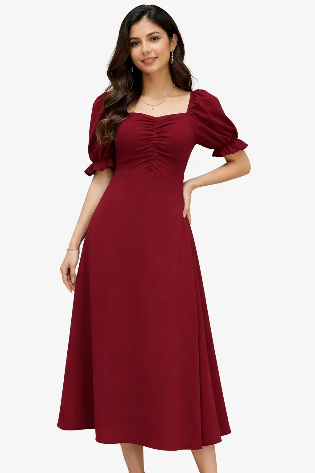 Girl's & Women's Solid A-Line Ruched Puff Sleeve Maxi One Piece Dress for Women