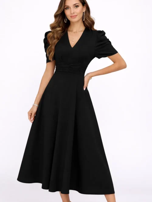 Women's Solid Color V-Neck A-Line Dress