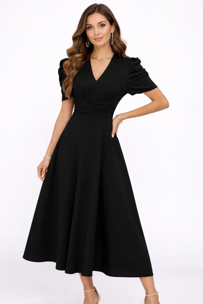 Women's Solid Color V-Neck A-Line Dress