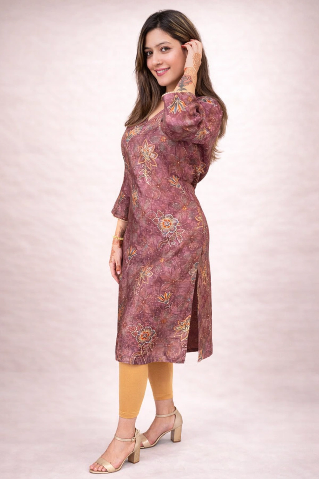 Mauve Floral Chanderi Silk Kurta - Image 2