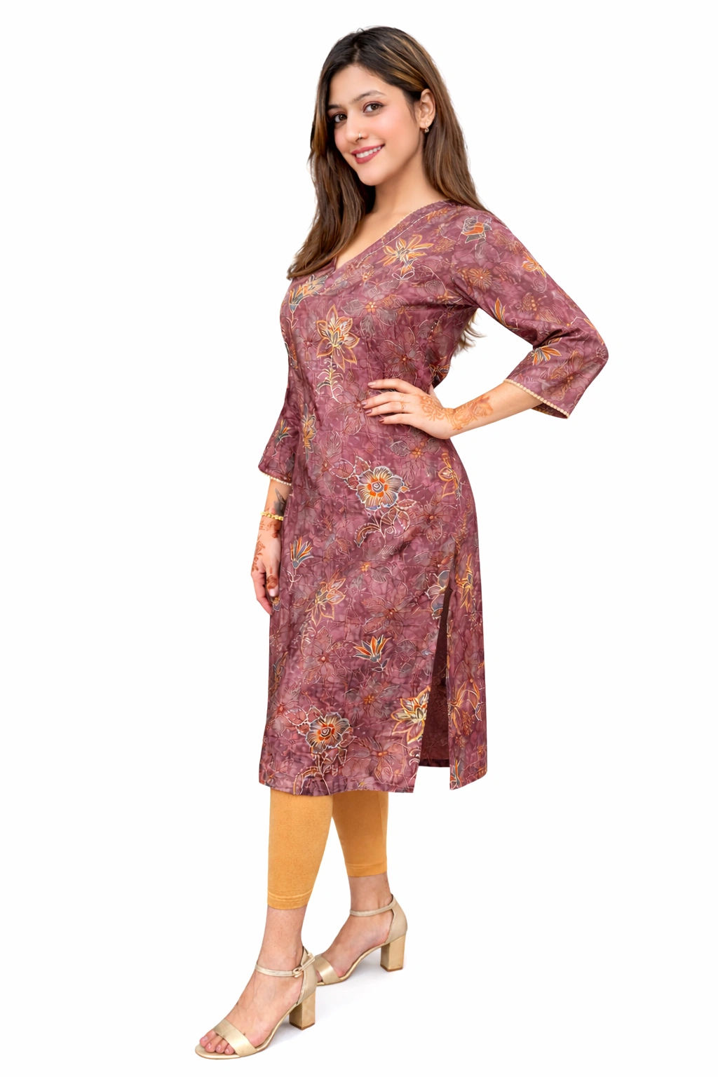 Mauve Floral Chanderi Silk Kurta - Image 3