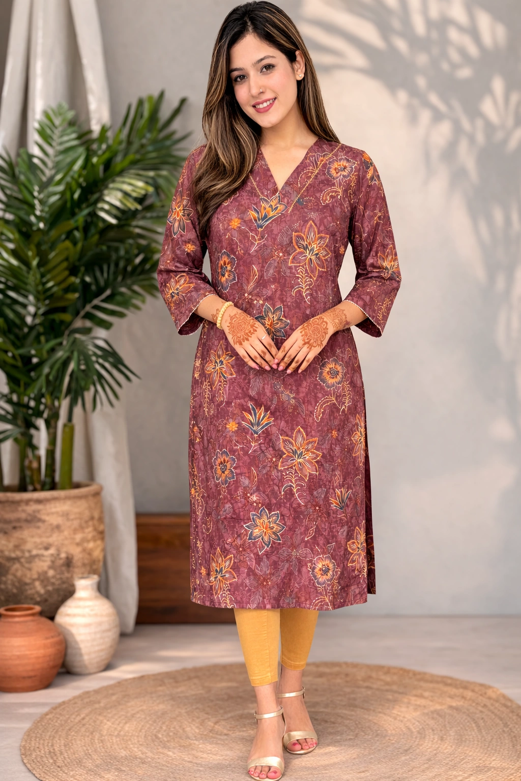 Mauve Floral Chanderi Silk Kurta