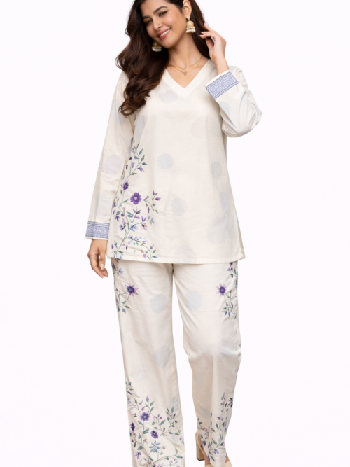 Co Ord - Long Sleeves Turkish -Mandarin Neck Floral Print