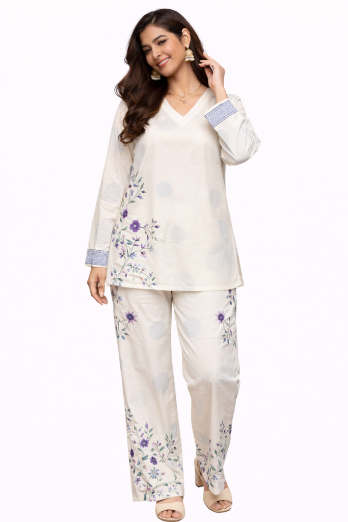 Co Ord - Long Sleeves Turkish -Mandarin Neck Floral Print