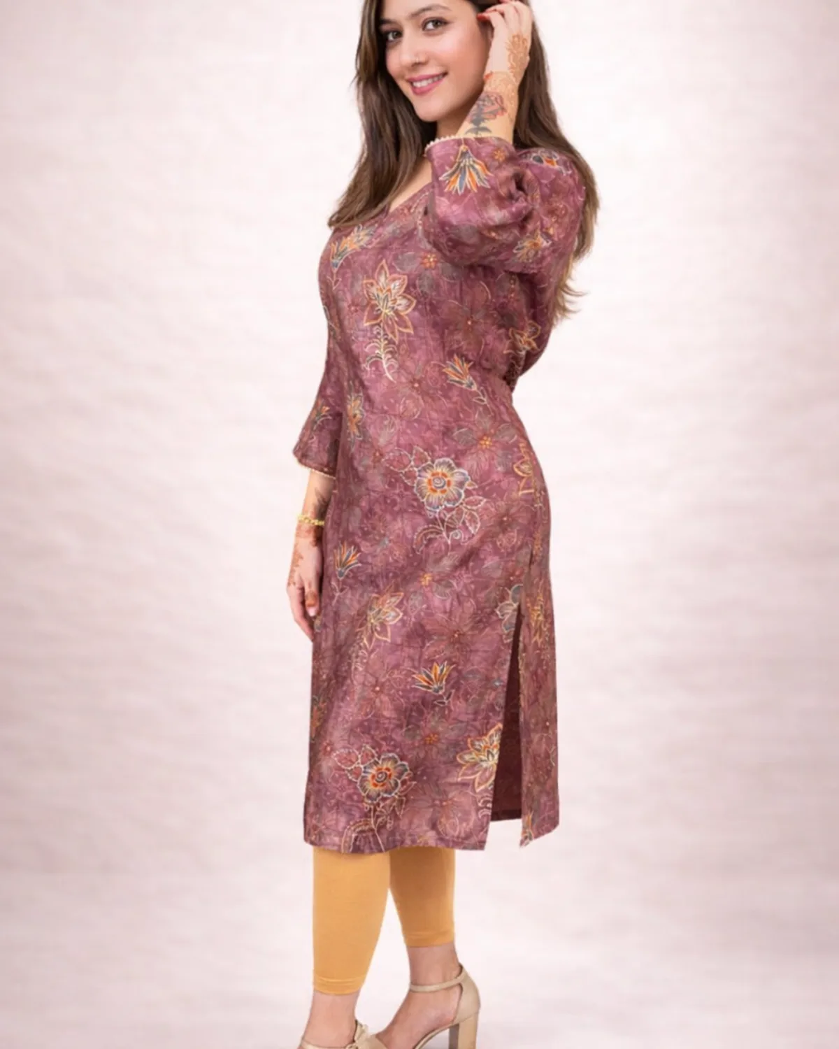 Mauve Floral Chanderi Silk Kurta - Image 2