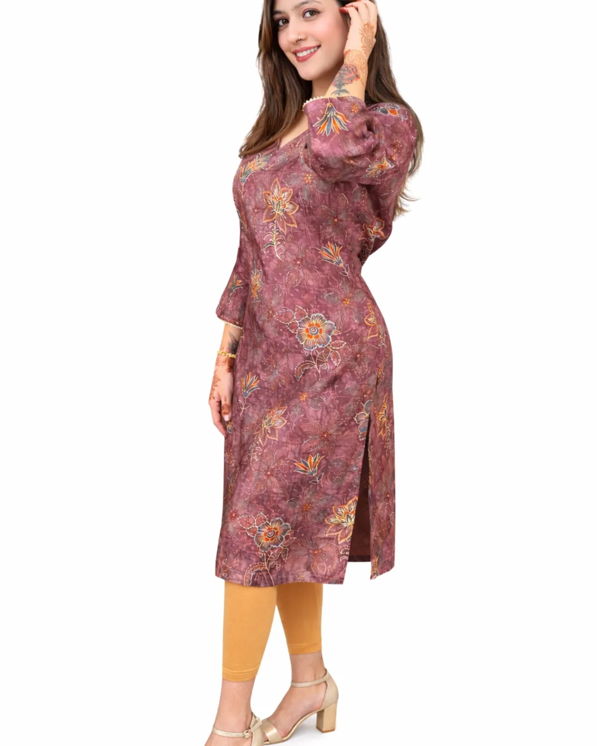Mauve Floral Chanderi Silk Kurta - Image 3